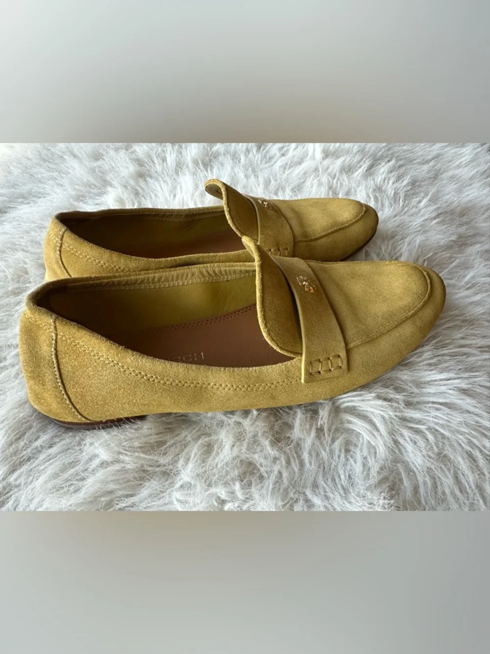 Tory Burch Mustard Yellow Suede Penny Loafers with Gold Emblem Ballet shoes 7.5 - Picture 8 of 16